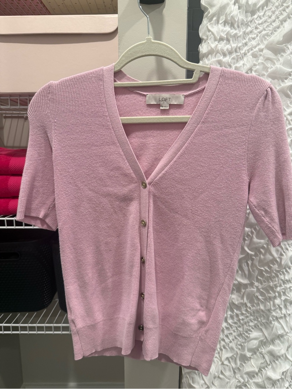 LOFT Light Pink Short-Sleeve V-Neck Button Cardigan